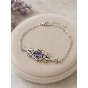 Art Nouveau Style Silver Tone Purple Amethyst Crystal Accent Chain Bracelet 8in